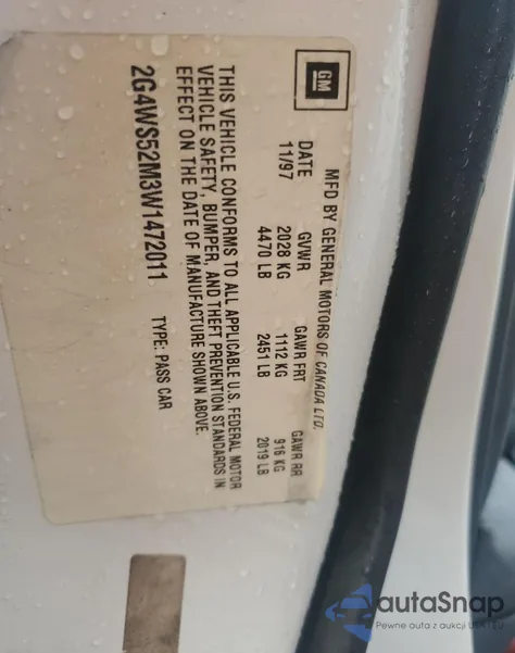 1998 Buick Century Custom from USA, damaged, VIN 2G4WS52M3W1472011